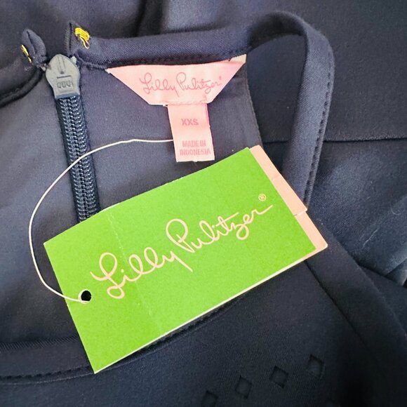 LILLY PULITZER LASER CUT SCUBA HIGH LOW HALTER AURELIE MIDI DRESS NAVY - Picture 7 of 10